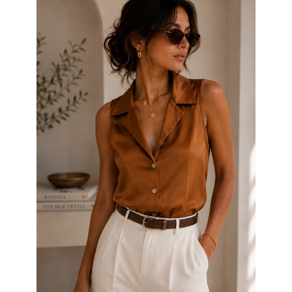 Commense Copper Brown Satin Sleeveless Button Front Blouse Collared Top Size S